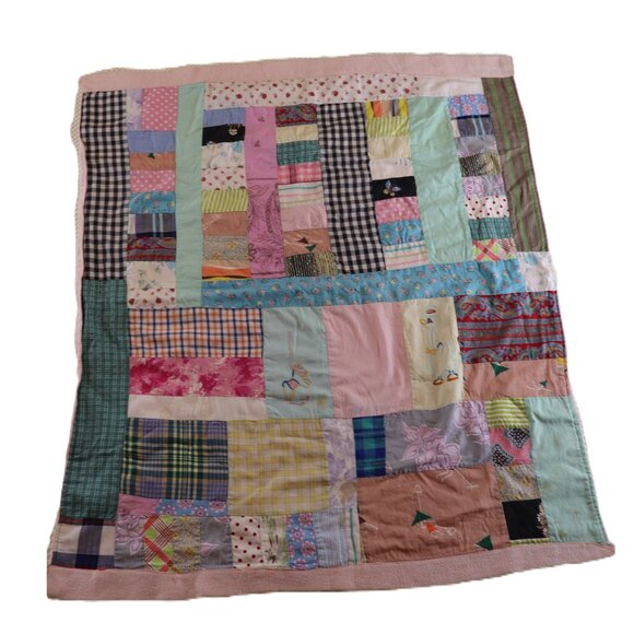 Vintage Home Made Patchwork Blanket 31x27 Has Spots - Picture 1 of 11